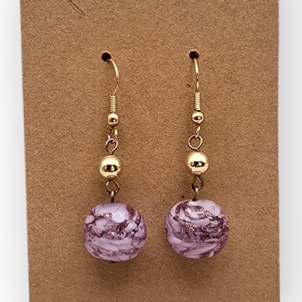 Purple Swirl Glass Bead Drop Earrings Gold Tone Minimal Romantic